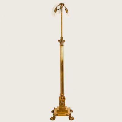 Antique Corinthian Column Brass Floor Lamp with Fringed Lampshade, England, 1890-VDW-1451737