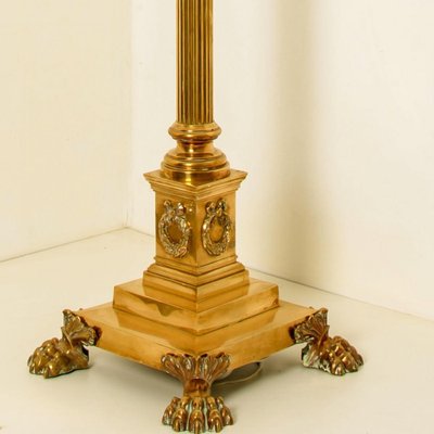 Antique Corinthian Column Brass Floor Lamp with Fringed Lampshade, England, 1890-VDW-1451737