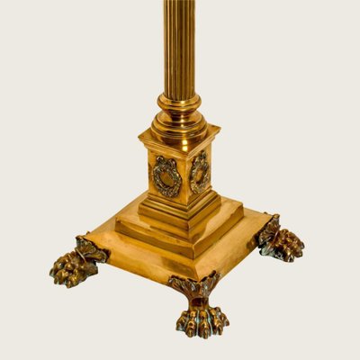 Antique Corinthian Column Brass Floor Lamp with Fringed Lampshade, England, 1890-VDW-1451737