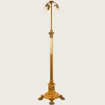 Antique Corinthian Column Brass Floor Lamp with Fringed Lampshade, England, 1890-VDW-1451737