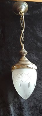 Antique Corridor Ceiling Lamp with a Sanded Drop-Shaped Glass Screen on Oral Brass Mount, 1920s-HOI-1315396