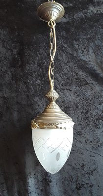 Antique Corridor Ceiling Lamp with a Sanded Drop-Shaped Glass Screen on Oral Brass Mount, 1920s-HOI-1315396