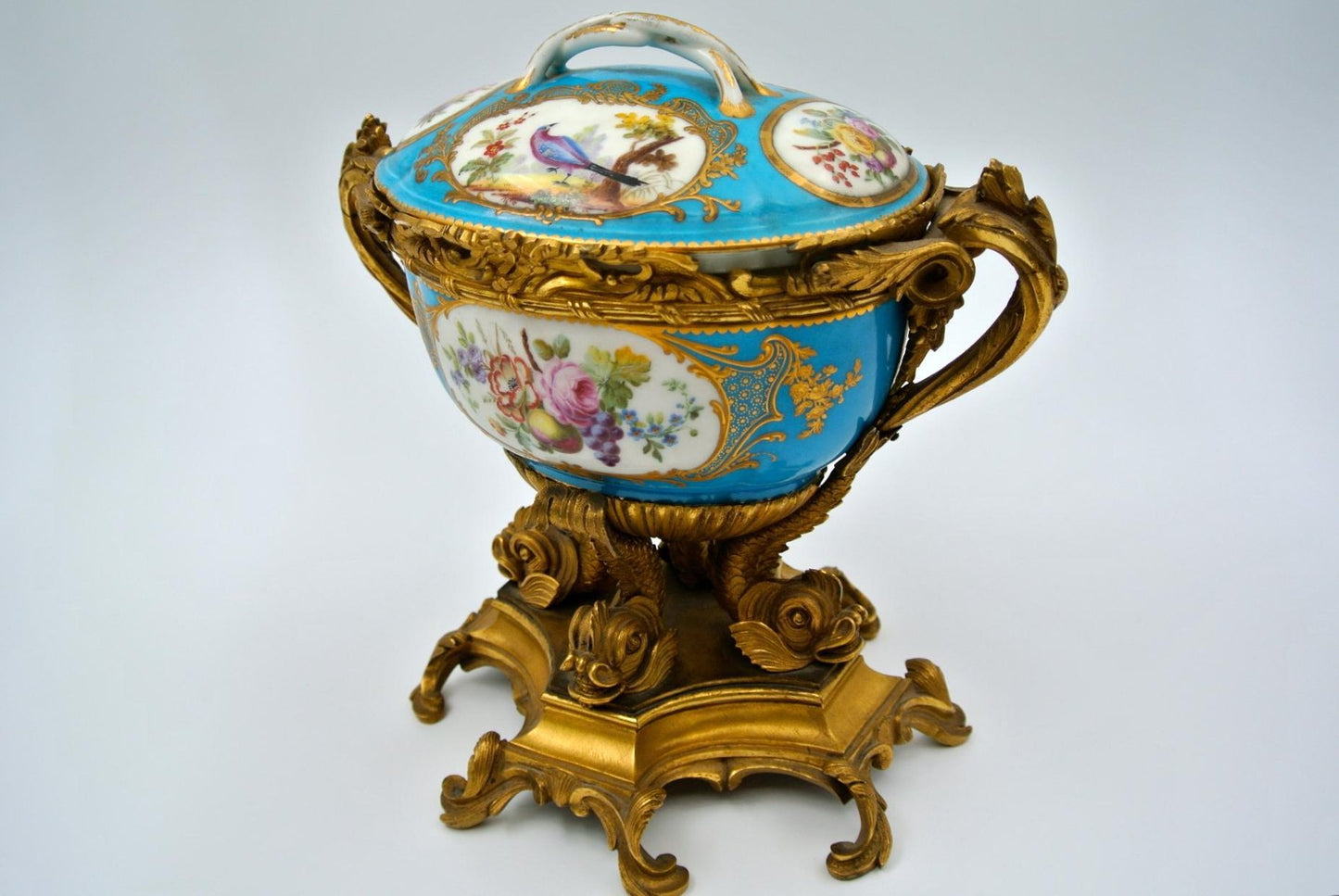 Antique Covered Cup in Chiselled, Gilded Bronze & Painted Sèvres Porcelain