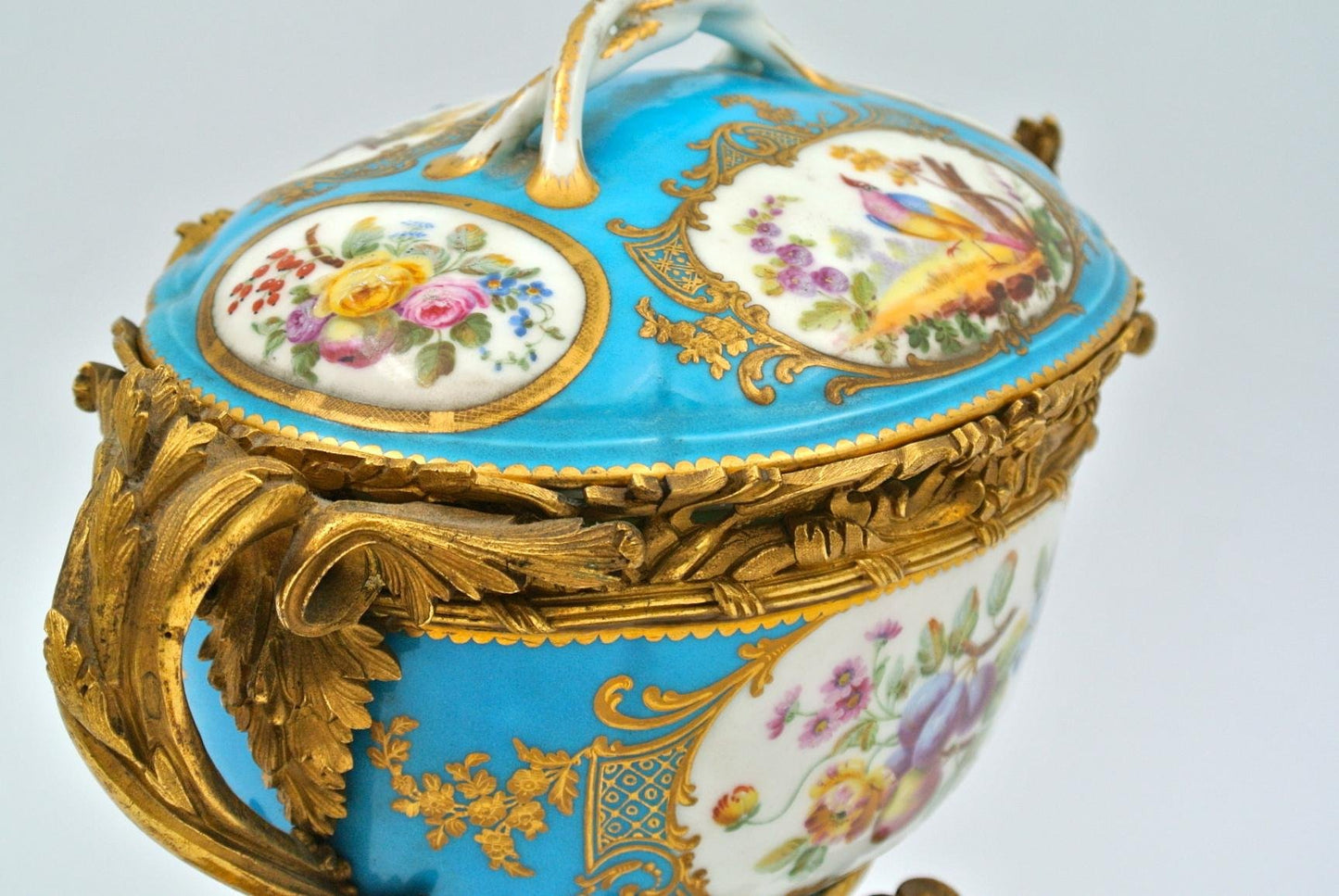 Antique Covered Cup in Chiselled, Gilded Bronze & Painted Sèvres Porcelain