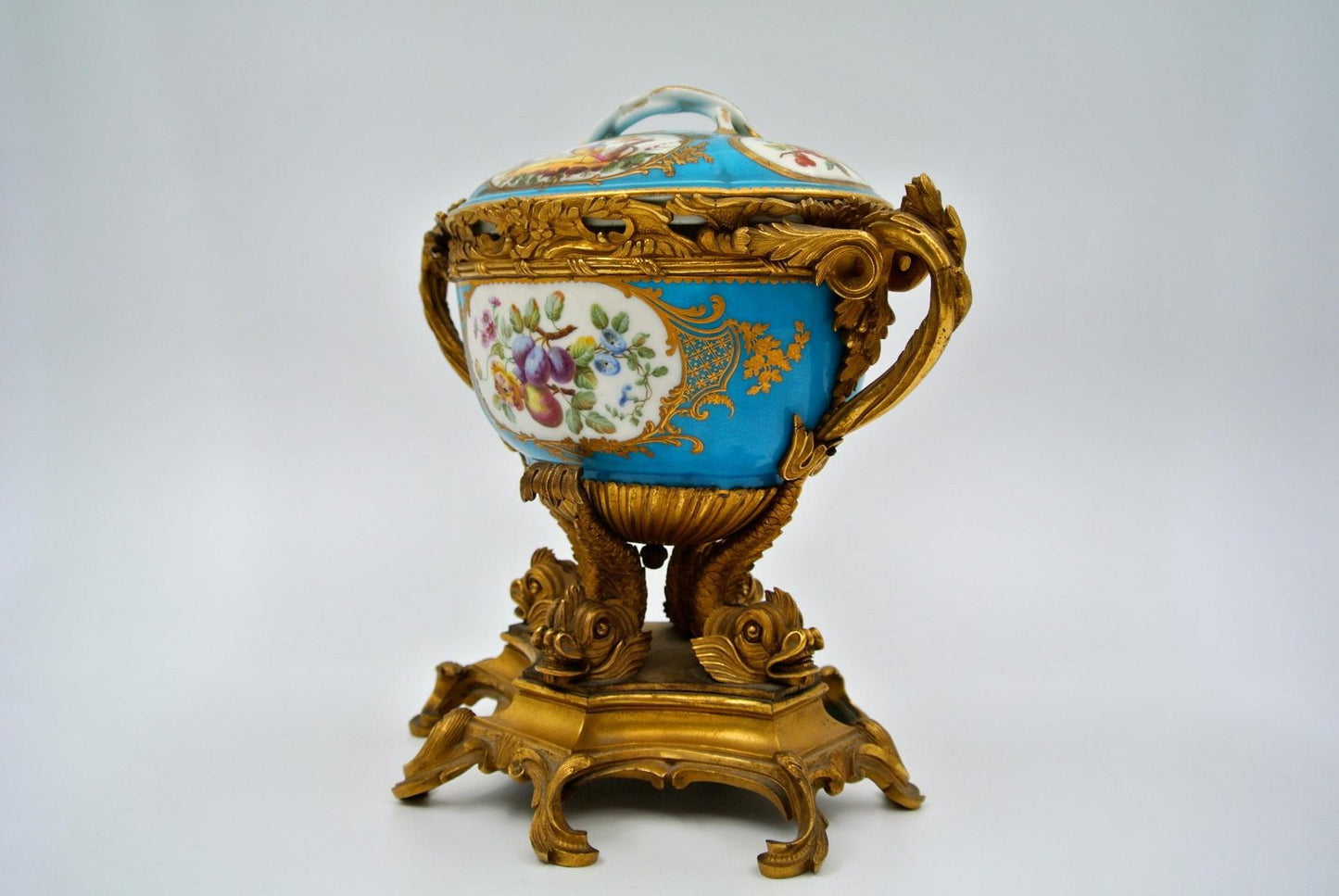 Antique Covered Cup in Chiselled, Gilded Bronze & Painted Sèvres Porcelain