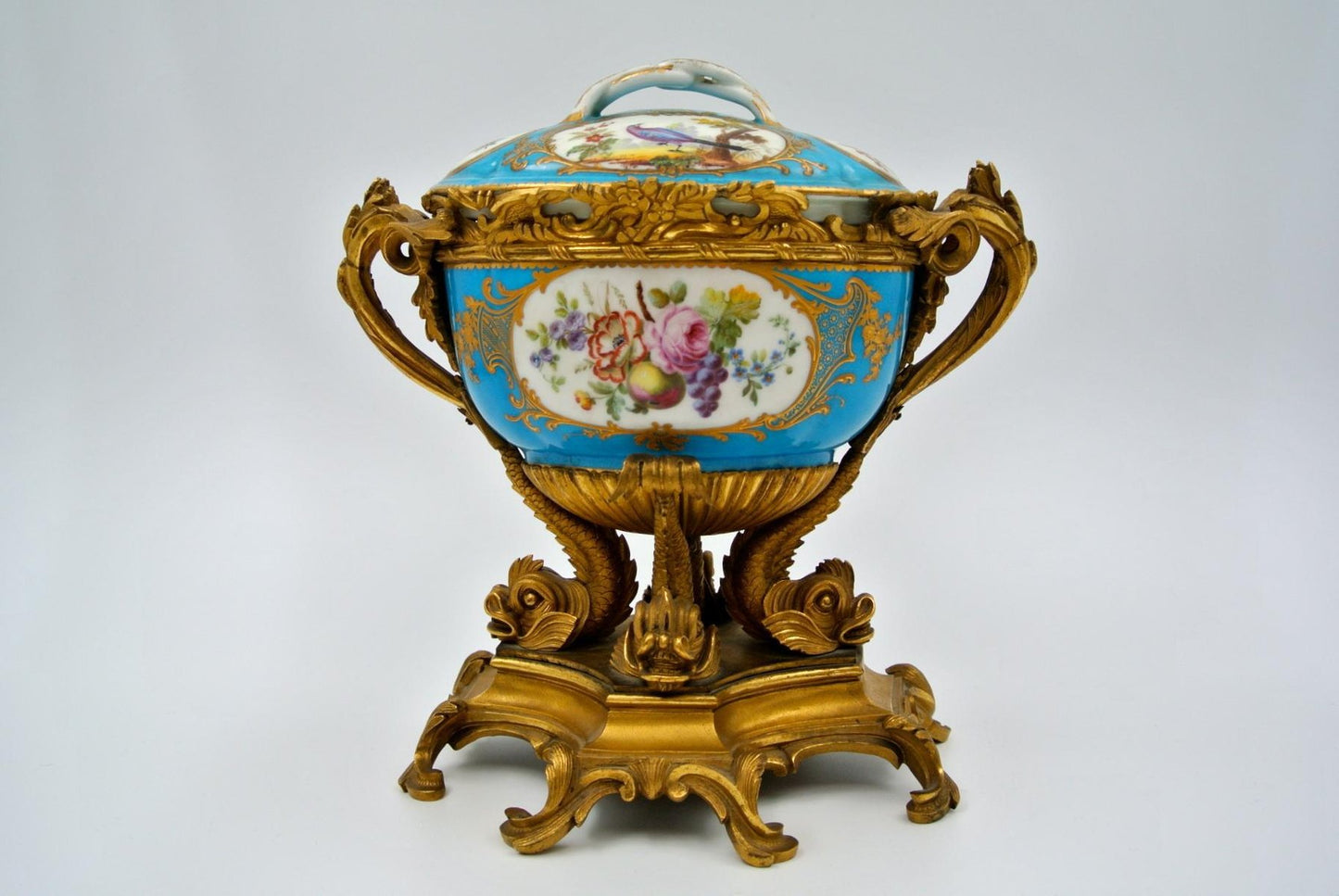 Antique Covered Cup in Chiselled, Gilded Bronze & Painted Sèvres Porcelain