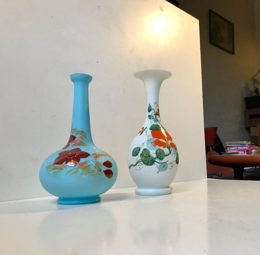 Antique Danish Satin Opaline Glass Vases from Fyns Glasværk, 1900s, Set of 2