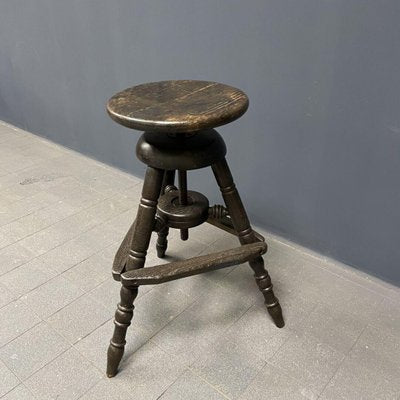 Antique Dark Work Stool with Spindle-NPL-1075763