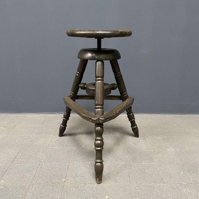 Antique Dark Work Stool with Spindle-NPL-1075763