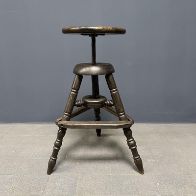 Antique Dark Work Stool with Spindle-NPL-1075763