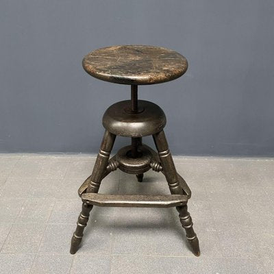 Antique Dark Work Stool with Spindle-NPL-1075763