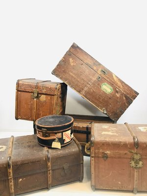 Antique Decorative Wood and Canvas Trunks, 1920s, Set of 6-WQJ-804087