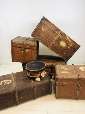 Antique Decorative Wood and Canvas Trunks, 1920s, Set of 6-WQJ-804087