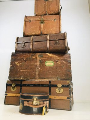 Antique Decorative Wood and Canvas Trunks, 1920s, Set of 6-WQJ-804087