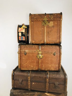 Antique Decorative Wood and Canvas Trunks, 1920s, Set of 6-WQJ-804087