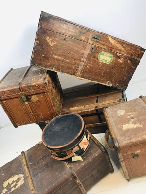 Antique Decorative Wood and Canvas Trunks, 1920s, Set of 6-WQJ-804087