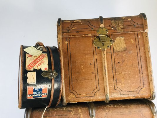 Antique Decorative Wood and Canvas Trunks, 1920s, Set of 6-WQJ-804087