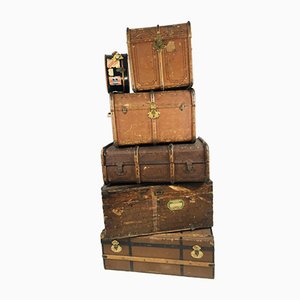 Antique Decorative Wood and Canvas Trunks, 1920s, Set of 6-WQJ-804087