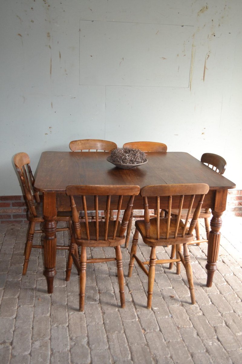 Antique Dining Table & Windsor Chairs, Set of 7