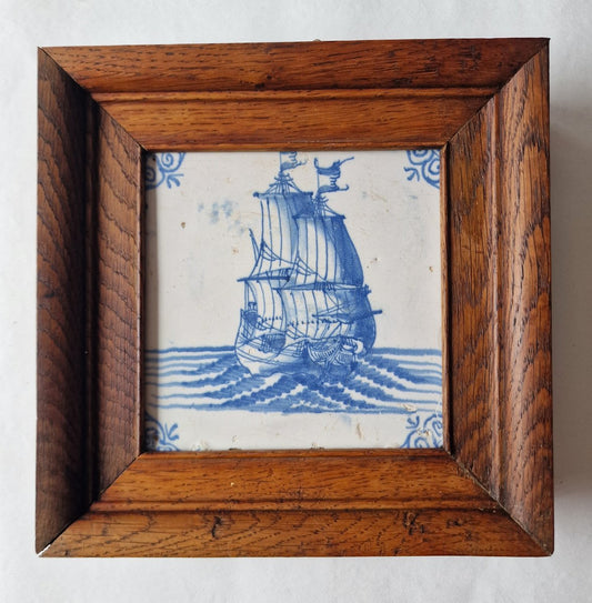 Antique Dutch Framed Delft Tile with a Ship Three-Master, Holland, 1660