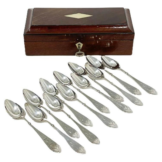 Antique Dutch Spoon Box in Wood with 12 Silver Spoons