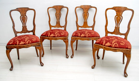 Antique Dutch Walnut and Maple Inlaid Dining Chairs, Set of 4