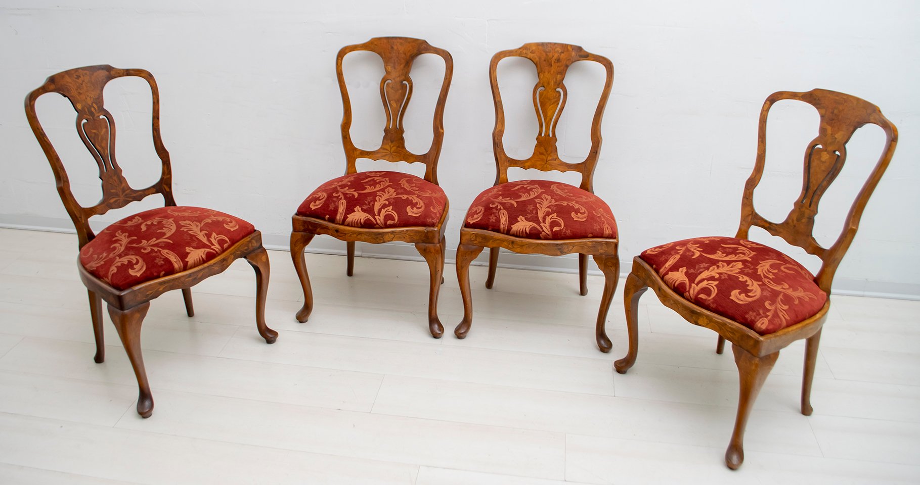 Antique Dutch Walnut and Maple Inlaid Dining Chairs, Set of 4