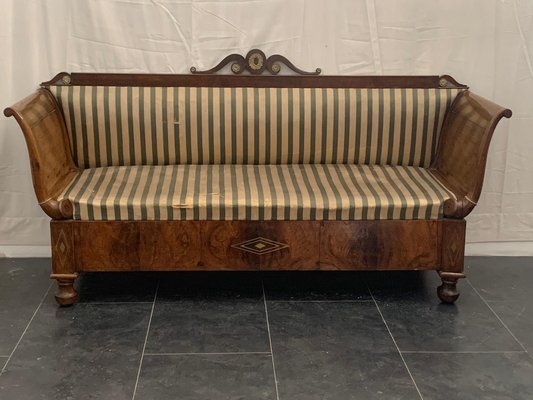 Antique Empire Charles X Inlaid Walnut & Brass Sofa, 1910s-IJR-594607