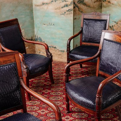 Antique Empire Mahogany Veneer & Leather Dining Chairs, Set of 4-UQL-776530