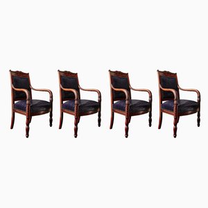 Antique Empire Mahogany Veneer & Leather Dining Chairs, Set of 4-UQL-776530