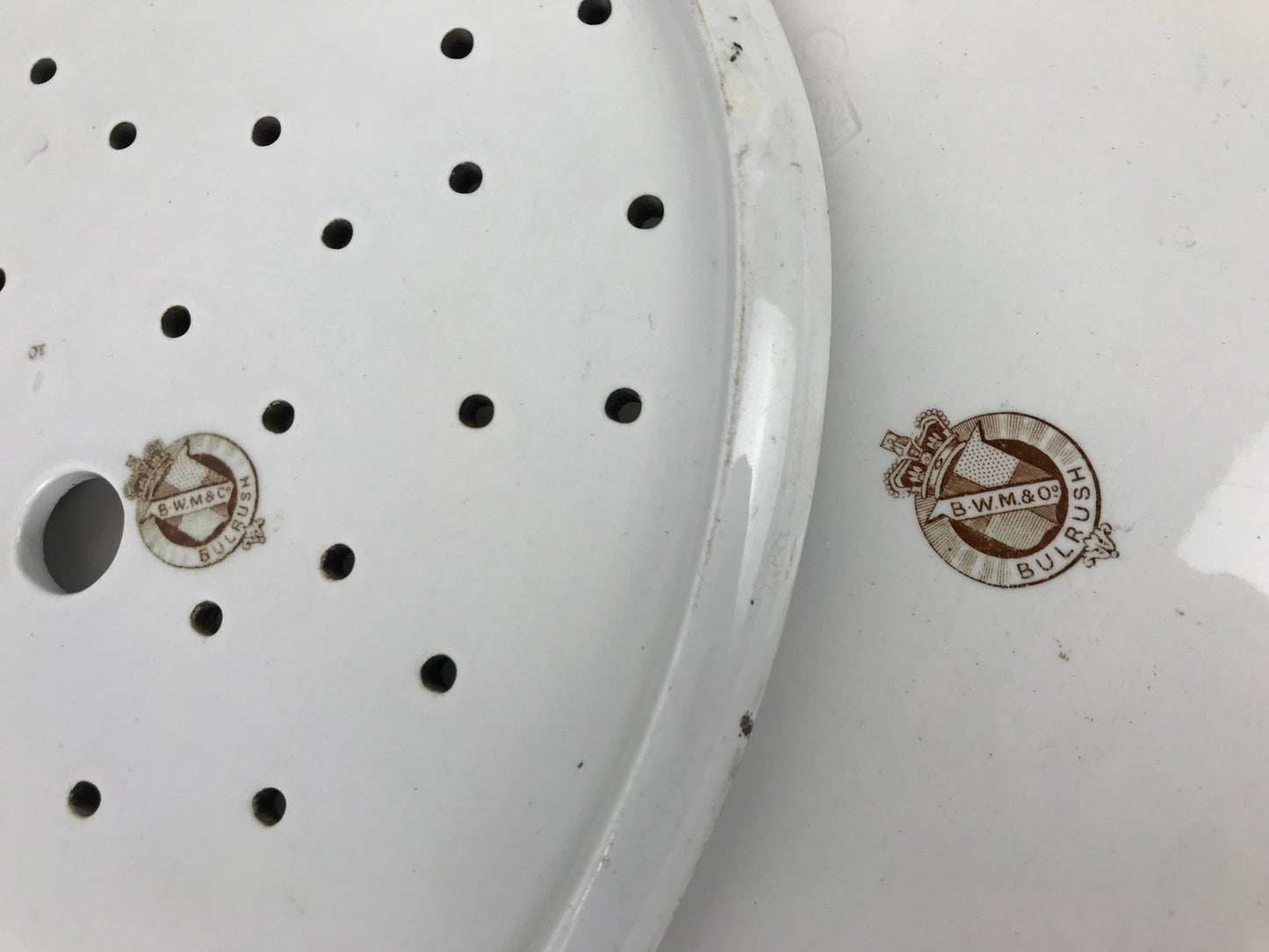 Antique English White & Brown Earthenware Meat Strainer Plates, 1869, Set of 2