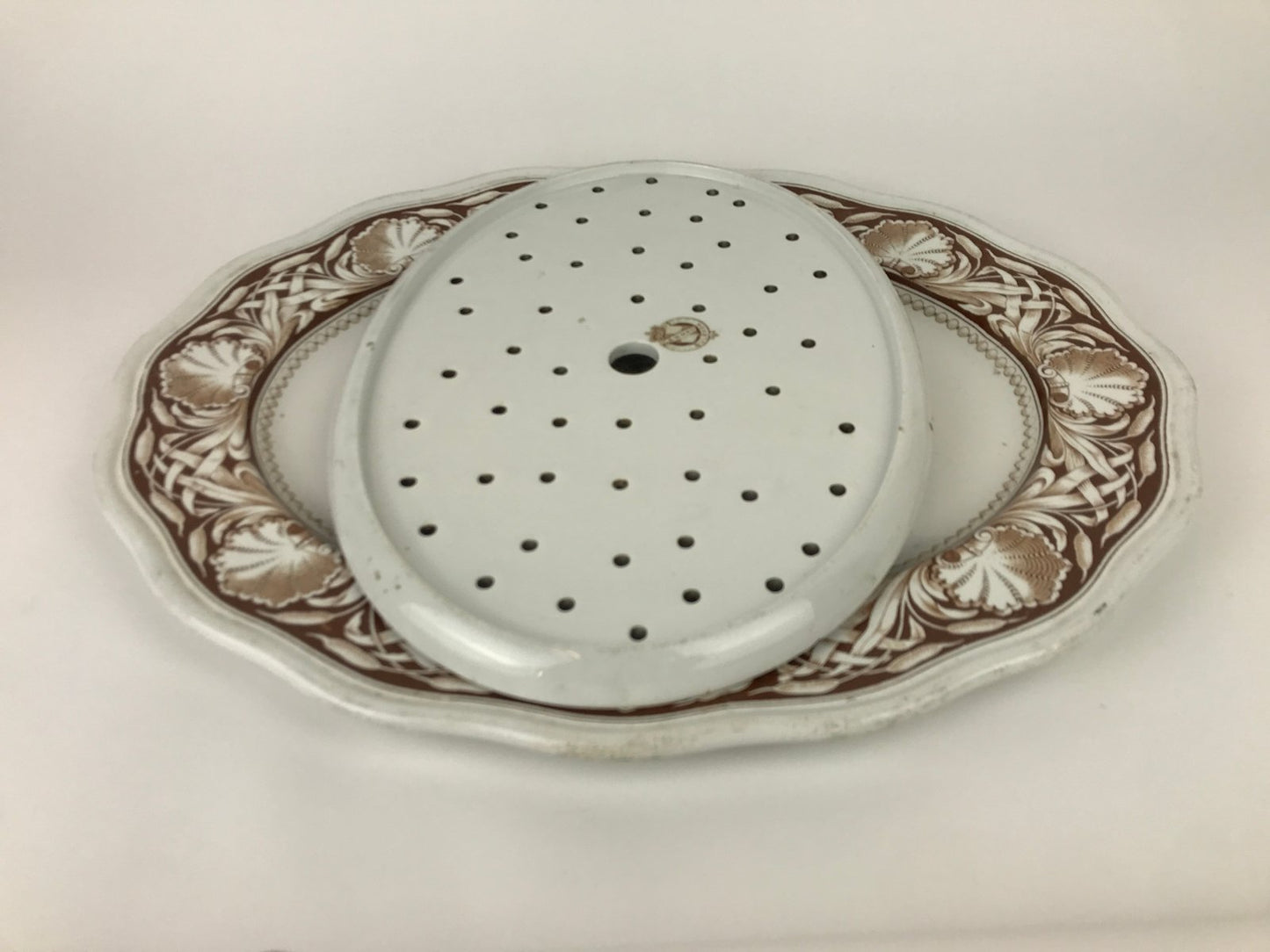 Antique English White & Brown Earthenware Meat Strainer Plates, 1869, Set of 2