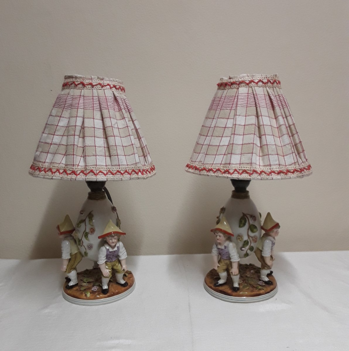 Antique Figurative Bedside Lamps with Porcelain Bases, 1900s, Set of 2