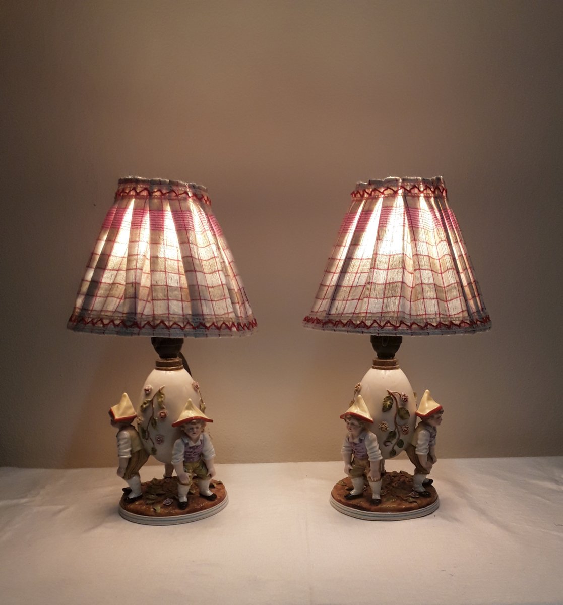 Antique Figurative Bedside Lamps with Porcelain Bases, 1900s, Set of 2