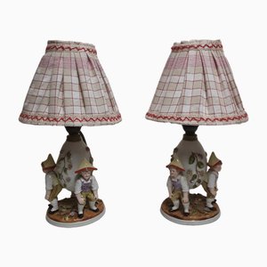 Antique Figurative Bedside Lamps with Porcelain Bases, 1900s, Set of 2-HOI-1801010