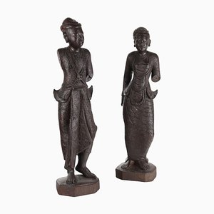 Antique Figurines in Wood, Burma, Early 20th Century, Set of 2-VMM-2023815