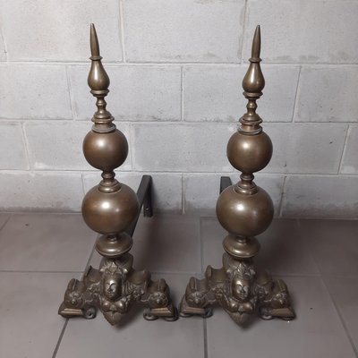 Antique Fireplace Andirons with Brass Cherubs, Italy, Early 1900s, Set of 2-PWG-2024693