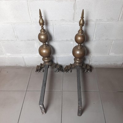 Antique Fireplace Andirons with Brass Cherubs, Italy, Early 1900s, Set of 2-PWG-2024693