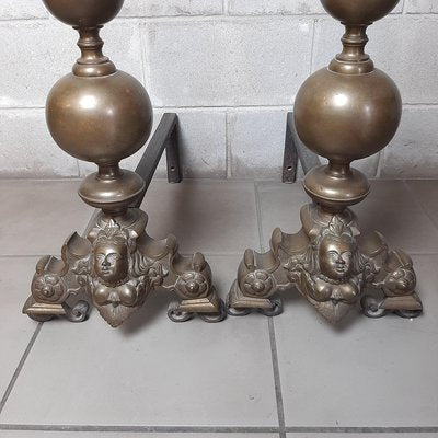 Antique Fireplace Andirons with Brass Cherubs, Italy, Early 1900s, Set of 2-PWG-2024693