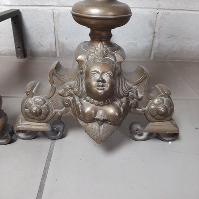 Antique Fireplace Andirons with Brass Cherubs, Italy, Early 1900s, Set of 2-PWG-2024693