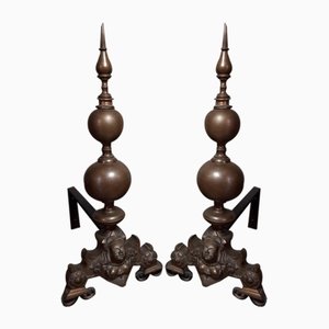 Antique Fireplace Andirons with Brass Cherubs, Italy, Early 1900s, Set of 2-PWG-2024693