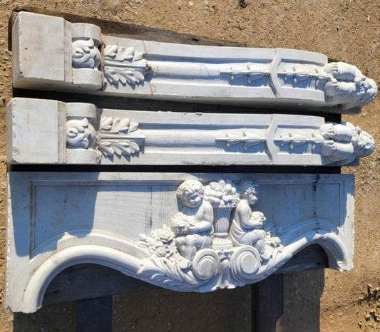 Antique Fireplace in White Carrara Marble with Putti End, 19th Century