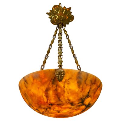 Antique French Amber Color Alabaster and Brass Pendant Light, 1920-KEG-1750886