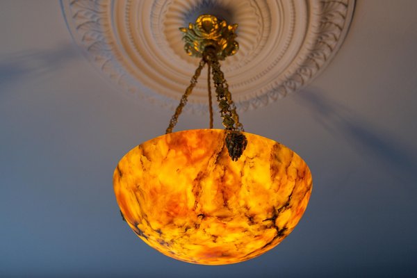 Antique French Amber Color Alabaster and Brass Pendant Light, 1920-KEG-1750886