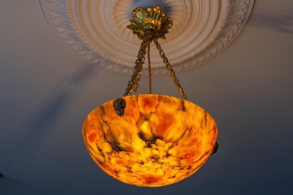 Antique French Amber Color Alabaster and Brass Pendant Light, 1920-KEG-1750886