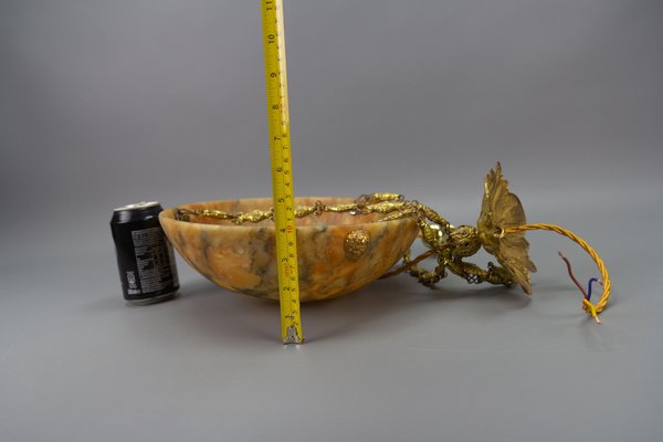 Antique French Amber Color Alabaster and Brass Pendant Light, 1920-KEG-1750886