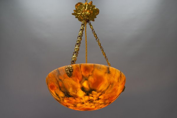 Antique French Amber Color Alabaster and Brass Pendant Light, 1920-KEG-1750886