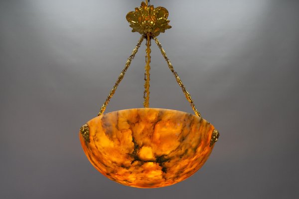 Antique French Amber Color Alabaster and Brass Pendant Light, 1920-KEG-1750886