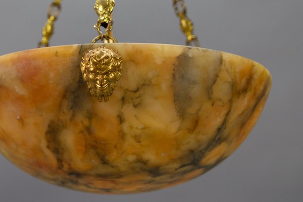 Antique French Amber Color Alabaster and Brass Pendant Light, 1920-KEG-1750886