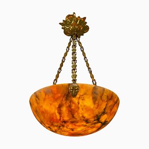 Antique French Amber Color Alabaster and Brass Pendant Light, 1920-KEG-1750886